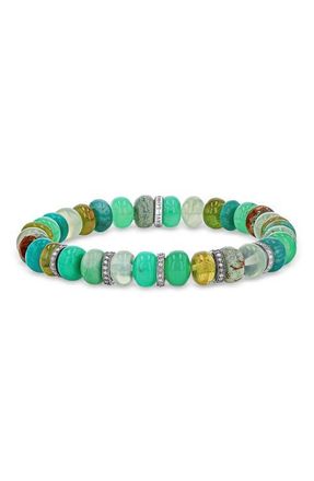 Sheryl Lowe Green Mix 8mm Bead Bracelet with Five Diamond Rondelles in Green Mix /Sterling Silver at Nordstrom, Size 7.25