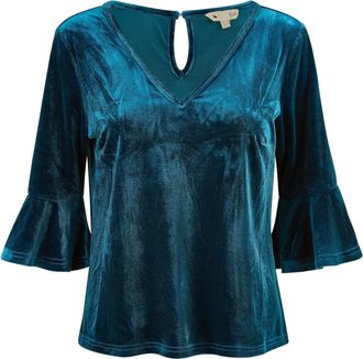 Yumi Teal Velvet Relaxed Fit Top with Fluted Sleeves 14 Teal