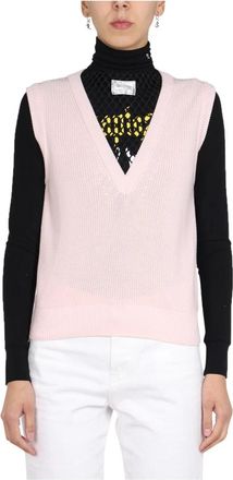 Raf Simons Fijn Katoenen Gilet met Mesh - Dames - V-hals truien - Roze - L - Katoen - Truien & Vesten