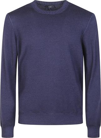 Fay Wollen trui met geborduurd logo - Heren - Ronde hals truien - Blauw - 2XL - Wol - Truien & Vesten