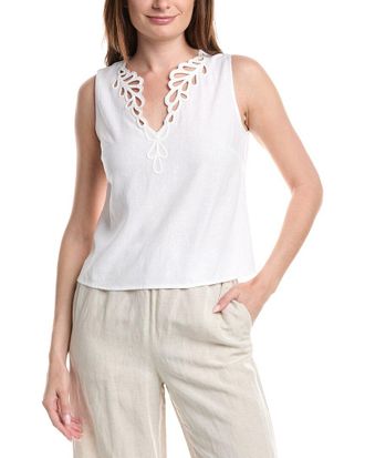 Ellen Tracy Embroidered Linen-Blend Tank Top