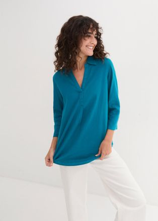 Bonprix Langarmbluse BONPRIX 3/4-Arm Bluse mit Leinen, Damen, Gr. 34, blau (meerest&uuml;rkis), Web, Obermaterial: 55% Leinen, 45% Viskose, unifarben, figurumspiel