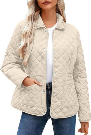 Generic Womens Quilted Jackets Uk - Diamond Lightweight Padded Coat, Long Sleeve Casual Loose Puffer Jacket, Pockets, Oversized Lapel Collar Button Down Pullo