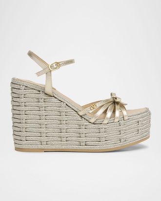 Valentino Garavani Metallic Bow Ankle-Strap Wedge Espadrilles