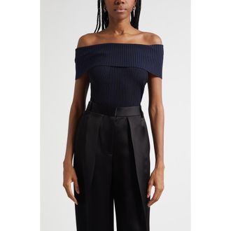 Ramy Brook Luke Foldover Off the Shoulder Rib Top in Black/Navy at Nordstrom, Size Xx-Small