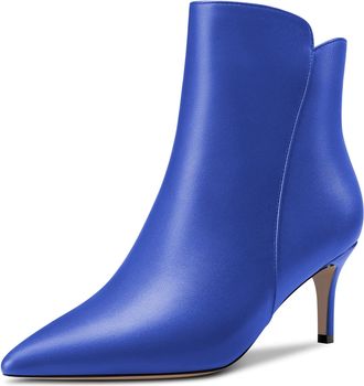 Castamere Women Stiletto Mid Kitten Heel Pointed Toe Ankle Boots Short Bootie Zipper Slip-on Classic Dress Office 6.5 CM Heels Boots Blue Matte 4 UK
