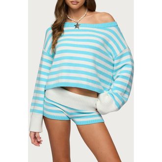 Edikted Saphi One-Shoulder Stripe Oversize Sweater in Turquoise-And-White at Nordstrom, Size X-Large