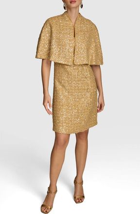 DKNY Sequin Tweed Cape & Sheath Dress Set in Gold at Nordstrom, Size 4