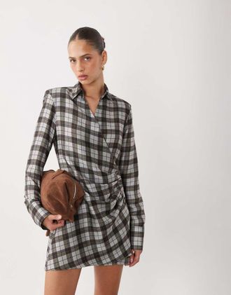 Asos vestito corto camicia avvolgente con dettagli di bottoni a quadri blu-Multicolore