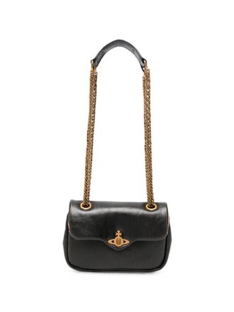 Vivienne Westwood Rectangular Black Flap Bag with Gold Emblem and Chain Straps