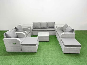 Fimous PE Rattan Garden Furniture Set Adjustable Chair Sofa Double Love Seat 2 Seater Sofa Lounge Set Square Coffee Table 2 Big Footstool 2 Side