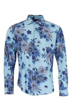 Lords of Harlech Sherlock Tailored Merino Wool Shirt in Valencia Floral Teal at Nordstrom, Size Medium