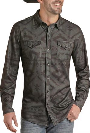 Rock & Roll Cowboy Mens Long Sleeve Knit Print Button Up Shirt In Charcoal Grey