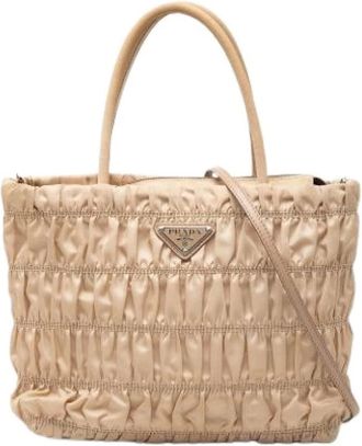 Prada Pre-owned Tote Bags, female, Beige, Size: ONE SIZE Pre-owned Gathered Nylon Satchel