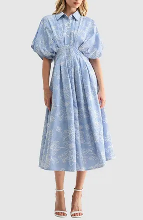 Mila Mae Embroidered Stripe Midi Shirtdress in Blue White at Nordstrom, Size X-Small
