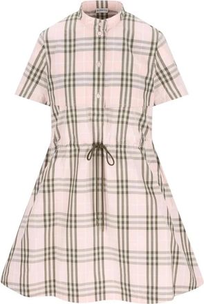 Burberry Geruite Katoenen Jurk - Dames - Shirt Kleedjes - Roze - 3XS - Katoen - Kleedjes