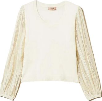 Twinset Maglia con Pizzo Ricamato - Dames - Blouses - Wit - M - Polyester - Overhemden