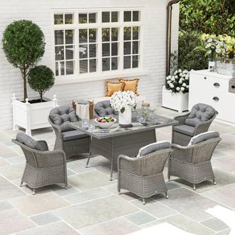 OUTSUNNY PE Rattan Garden Dining Set for 6 with Seat & Back Cushions in Light Grey