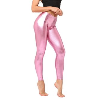 Generic Womens Candy Colored Shiny Leather Metallic Imitation Leather Leggings (L) Pink