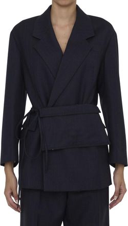 Bottega Veneta Navy Blue Striped Peaked Lapel Blazer