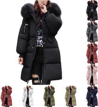 Generic Coats for Women UK Womens Down Jacket Mid Lenghth Winter Puffer Coats Ladies Lightweight Waterproof Jackets with Faux Fur Hood Plus Size Trench Ladies