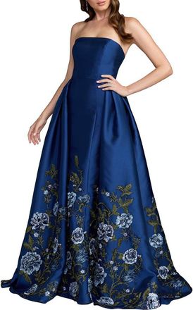 Mac Duggal Floral Embroidered Mikado Strapless Ball Gown in Midnight Multi at Nordstrom, Size 12