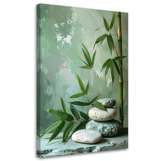 Feeby Cuadro Sobre Lienzo, Piedras Zen Spa Hojas De Bamb&uacute; En Verde, 80x120