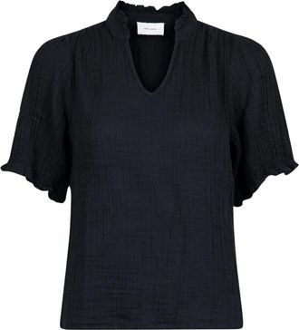 Neo Noir Zwarte Linnen Blouse met Ruchedetails - Dames - Blouses - Zwart - XL - Linnen - Overhemden