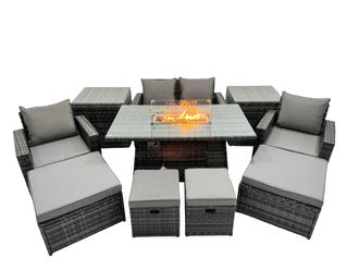 Fimous Outdoor Love Sofa Set 8 Seat & Gas Firpit Table 4 Stools 2 Side Table in Dark Grey