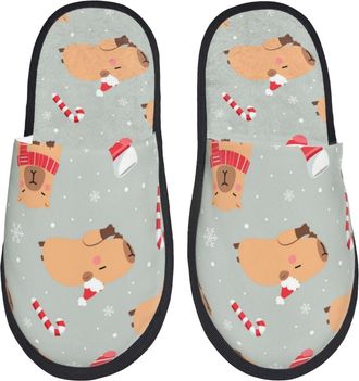 Generic Fleece Slippers Capybaras Candy Cane Santa Hat Cute Cozy Fuzzy Slippers Furry Anti-Slide Slipper For Room Men Hotel M