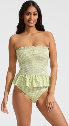 Lands End Smocked Bandeau Peplum One Piece Swimsuit in Bright Pistachio Gingham at Nordstrom, Size 18