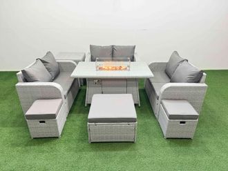 Fimous 9 Seater PE Wicker Rattan Furniture Sofa Sets with Firepit Dining Table 2 Seater Love Sofa 3 Stool Side Table Light Grey