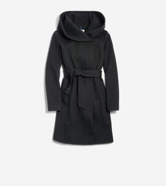 Cole Haan Womens Belted Asymmetrical Zip Front Twill Coat - Black Size 14