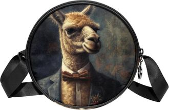 Generic Circle Crossbody Bag for Women, Vintage Alpaca Pattern Small Sling Bag Daypack with Zipper Adjustable Shoulder Straps Casual Ladies Girls Round Purse