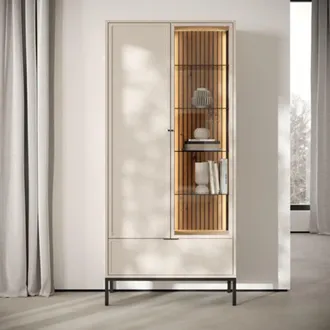 Dmora Vitrina Lolera, Mueble Expositor 7 Estantes, Un Caj&oacute;n, 2 Puertas, 76x40x184h Cm Beige