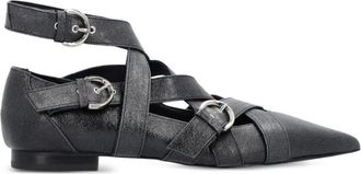 Pinko Zwarte Leren Crossover Strap Platte Schoenen - Dames - Ballerinas - Grijs - 36 EU - Leer - Schoenen