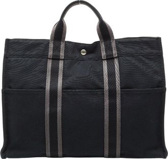 Herm&egrave;s Black Gray Canvas Handbag Tote Bag (Pre-Owned)
