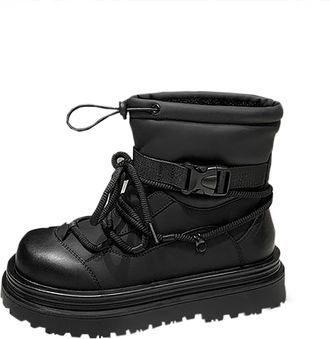 Generic Black Womens Thick-Soled Boots with Fleece Lining, Waterproof Design, Slip-Resistant for Safe Winter Walking