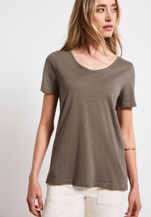 Street One T-Shirt STREET ONE Style Gerda, Damen, Gr. 34, beige (schwarz tumbled beige), Jersey, Obermaterial: 50% Baumwolle, 50% Modal, regular fit taillenbedec