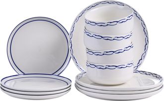 Beliani Vajilla De 12 Piezas De Porcelana Acabado Esmaltado Con Borde Decorativo Para 4 Personas Hecho A Mano Comedor Cocina Blanco Y Azul Amchur