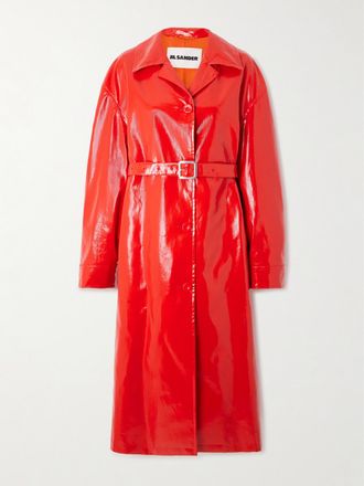 Jil Sander Trench In Lino Spalmato Con Cintura - Rosso