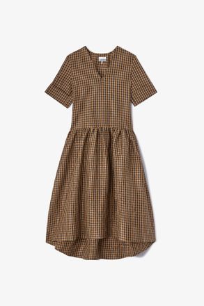 Ganni Crinkled Check Long Dress - Size 8/10 Brown