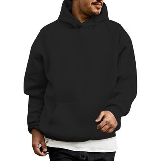 Generic Mens Hoodies Black Solid Color Casual Plain Pullover Long Sleeve Hooded Sweatshirts with Pockets Regular-Fit Hoody Top Oversized Comfortable Sweater f