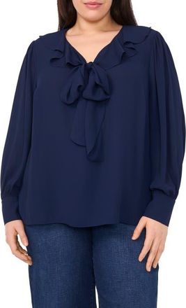 CeCe by Cynthia Steffe Ruffle Tie Neck Top in Classic Navy at Nordstrom, Size 3X