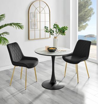 Furniturebox Elina White Marble Effect Scratch Resistant Dining Table & 2 Pesaro Gold Leg Velvet Chairs in Black