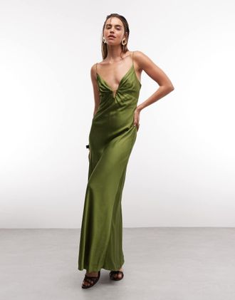 Mango Vestito lungo in raso verde con spalline sottili e scollo a V profondo