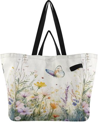 Generic Flowers White Butterfly print Reusable Canvas Tote Bag, Heavy Duty Grocery Shopping Bag with Hard Bottom Double Handles Large Capacity Work Groceries 