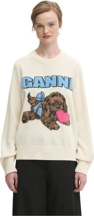 Ganni Puppy Logo Intarsia Sweater - Dames - Ronde hals truien - Beige - L - Wol - Truien & Vesten