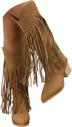 Generic Fringe Cowboy Boots for Women,2025 Pointed Toe Tassel Knee High Booties Retro Fringe Rivet Slip On Wide Mid Calf Knight Riding Booties Wide Calf Ridin