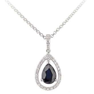 Diamant L'éternel 18kt witgouden ketting met druppelvormige hanger van saffier en diamant